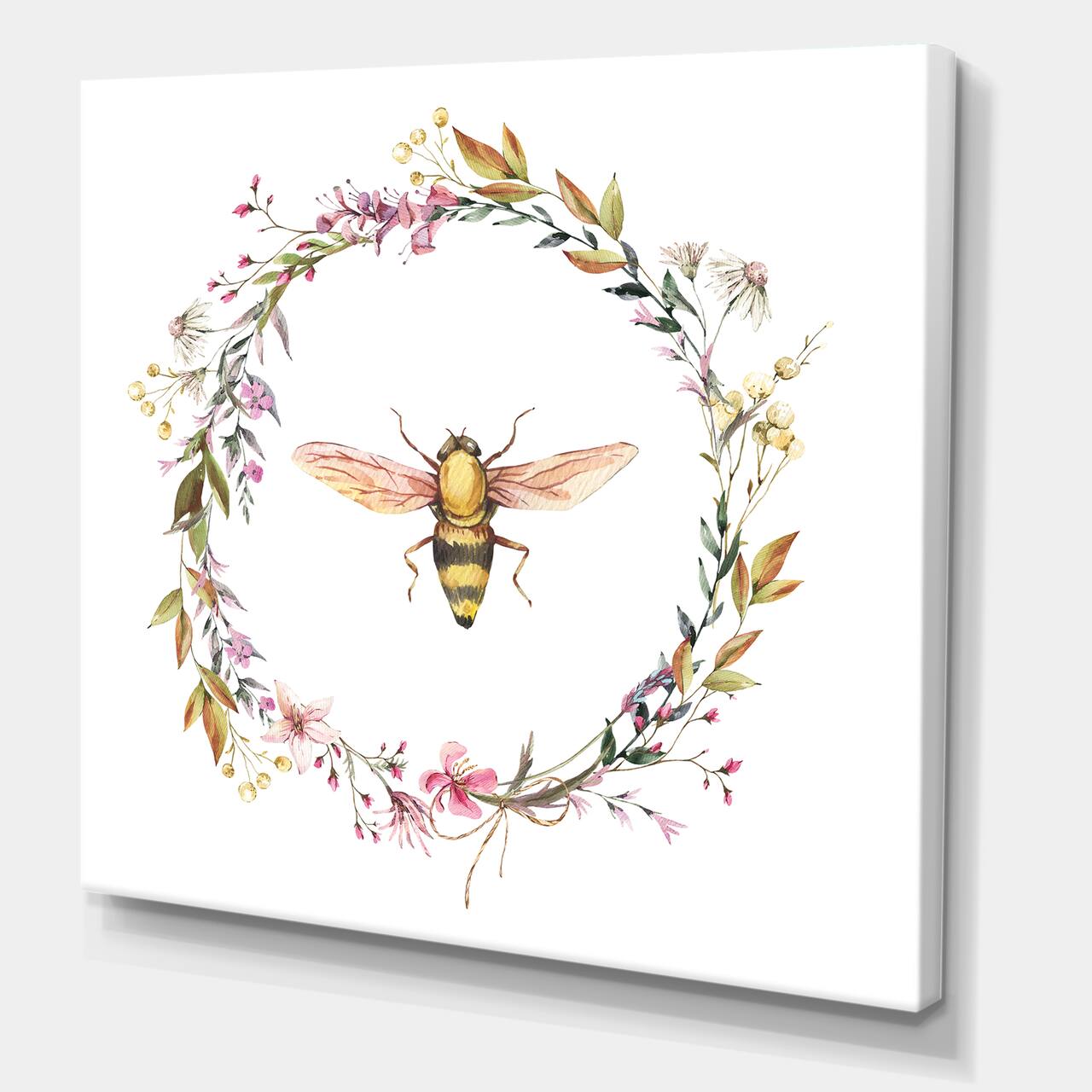 Designart - Bee In Wildflowers Wreath - Farmhouse Canvas Wall Art Print
